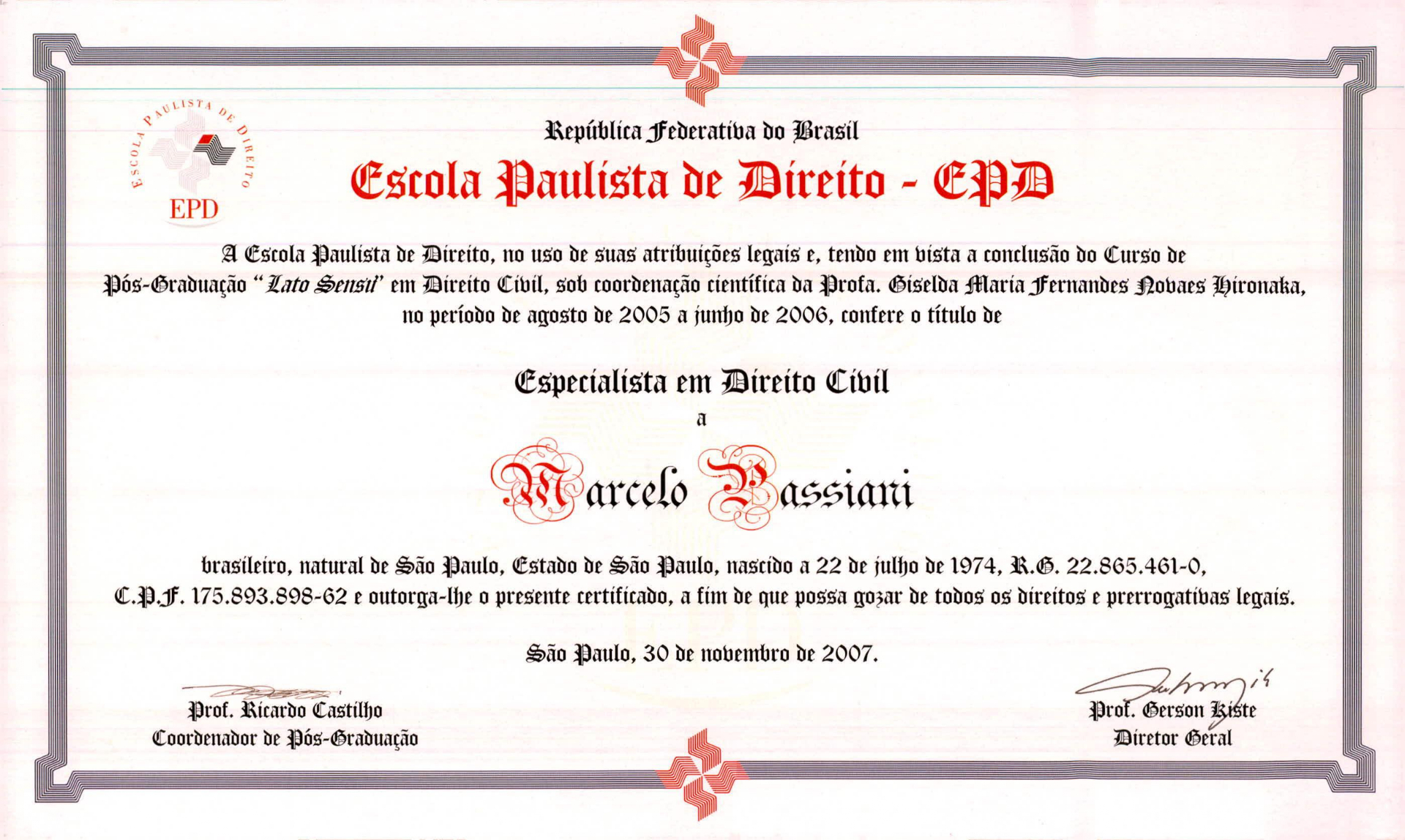 Certificado — Especialista em Direito Civil