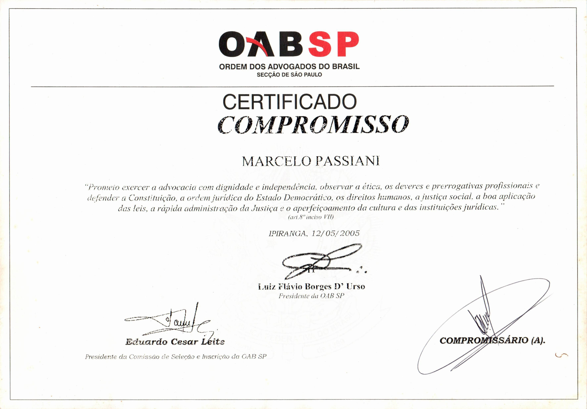 Certificado — Certificado de Compromisso OAB/SP