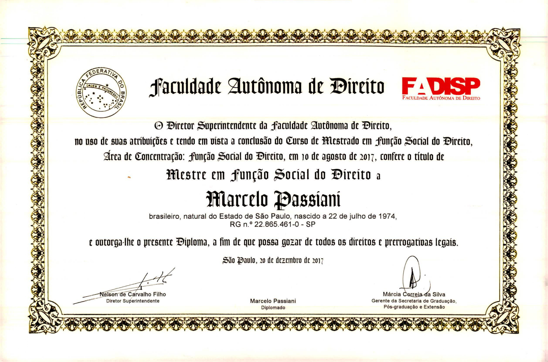 Certificado — Mestre em Função Social do Direito